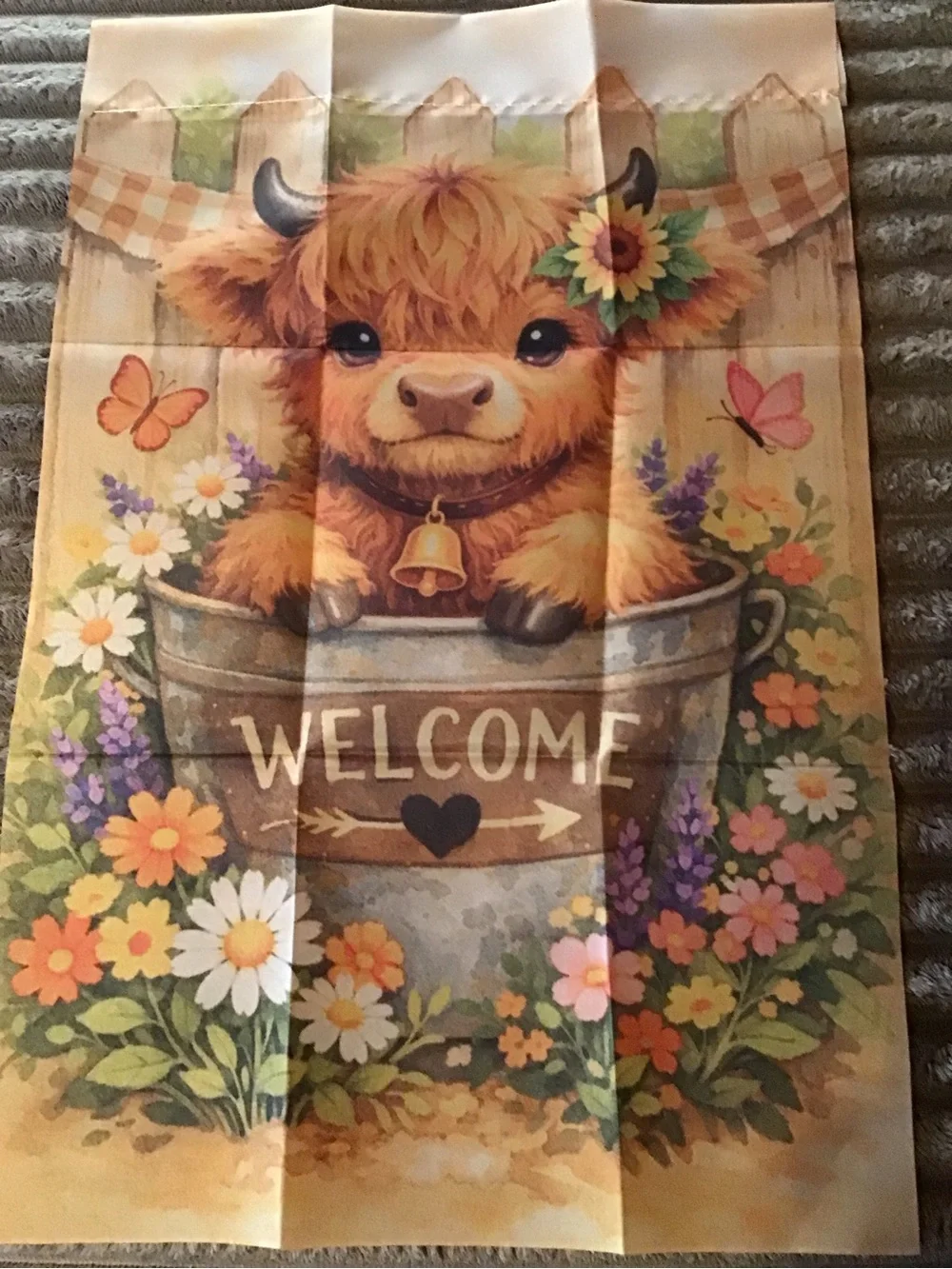 Welcome Highland Cow Floral mini garden flag- Cream and Brown